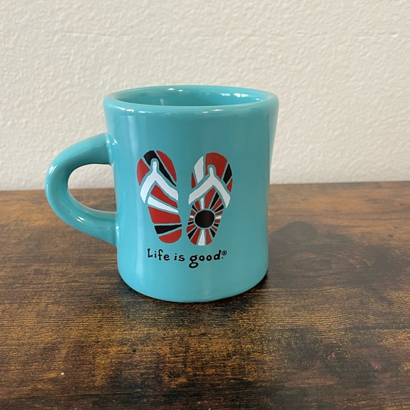 Life is Good Coffee Cup Mug | Diner Style | Flip Flops Sun Design | Turquoise - Picture 1 of 7